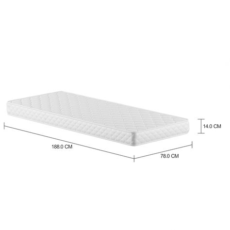 Imagem com medidas do produto COLCHÃO DE ESPUMA SOLTEIRO 78 CM X 1,88 M X 14 CM DOSS