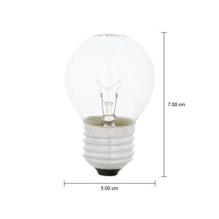 Imagem com medidas do produto LÂMPADA INCANDESCENTE BOLINHA CLARA 15W E27 127V LUZ AMARELA TASCHIBRA