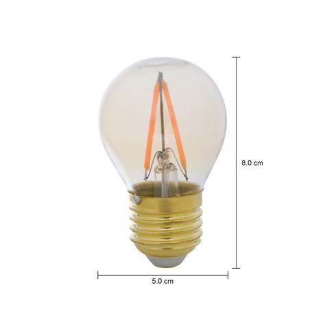 Imagem com medidas do produto LÂMPADA LED FILAMENTO GLOBO AMBAR G45 3W E27 127 220V LUZ AMARELA TASHIBRA