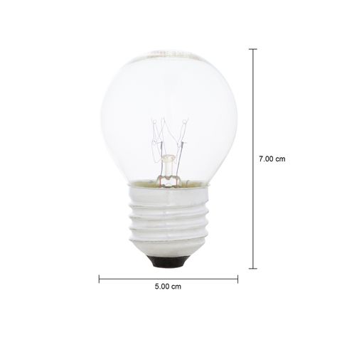 Imagem com medidas do produto LÂMPADA INCANDESCENTE BOLINHA CLARA 15W E27 220V LUZ AMARELA TASCHIBRA