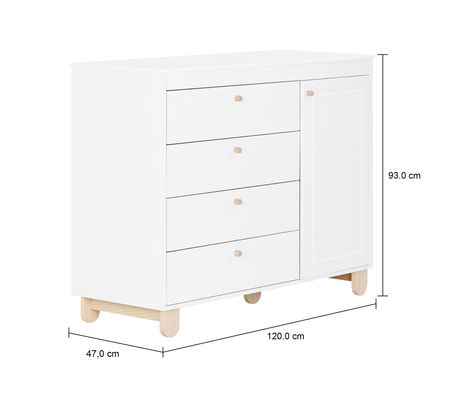 Imagem com medidas do produto CÔMODA INFANTIL 4 GAVETAS/1 PORTA 1,20 M X 47 CM SWEET