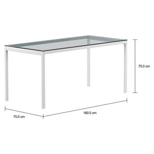 Imagem com medidas do produto MESA 1,60 M X 75 CM TAMPO VIDRO METRIC