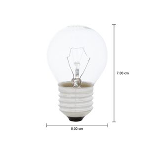 Imagem com medidas do produto LÂMPADA INCANDESCENTE BOLINHA CLARA 40W E27 220V LUZ AMARELA TASCHIBRA