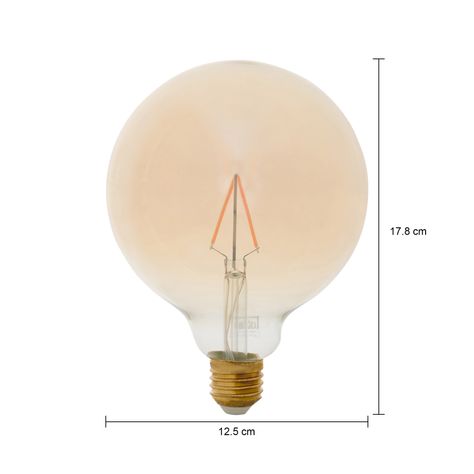 Imagem com medidas do produto LÂMPADA LED FILAMENTO GLOBO AMBAR G125 3W E27 127 220V LUZ AMARELA TASHIBRA