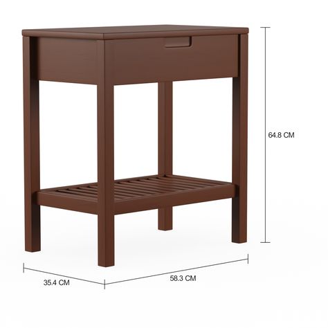 Imagem com medidas do produto MESA DE CABECEIRA 1 GAVETA/1 PRATELEIRA TINTO